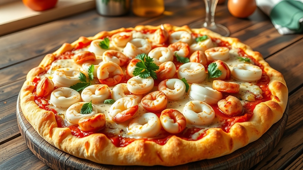 Delicious Seafood Pizza with Fresh Toppings Seafood pizza topped with shrimp, calamari, and scallops, garnished with parsley on a wooden table.